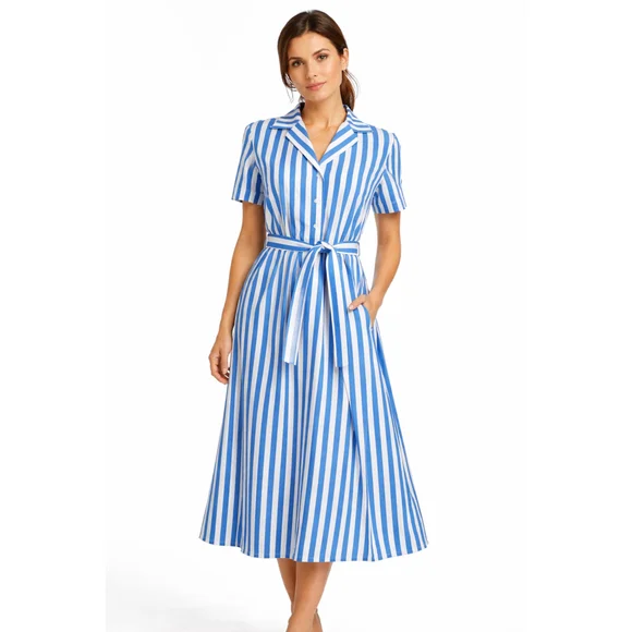 J Peterman Size 6 Blue White Striped Belted Shirt Dress Midi Pockets Classic - Picture 2 of 12